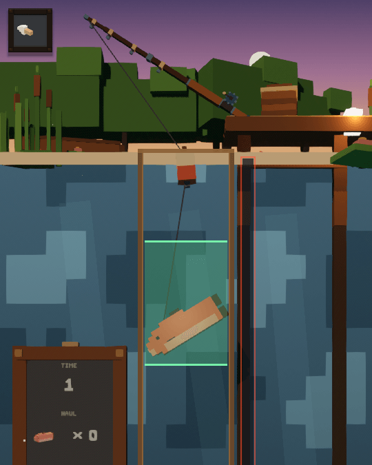 The pond: a fish held inside the green catch bar on a long water column, the rod above.