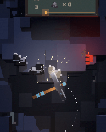 The mine: the pick swung hard into an ore seam, sparks bursting from the strike.