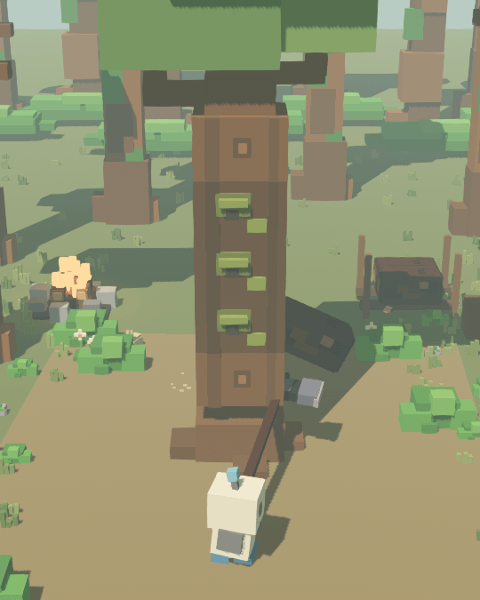 The clearing: the robot swings its axe into the log column and a clean log flies off toward the rack.