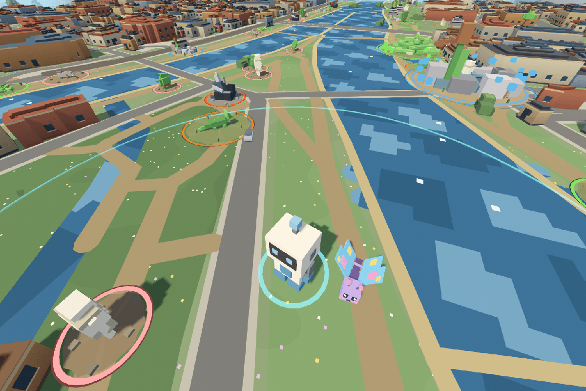 Kyoto where the Kamo and Takano rivers meet: the robot and a butterfly pet on the riverbank among nodes.