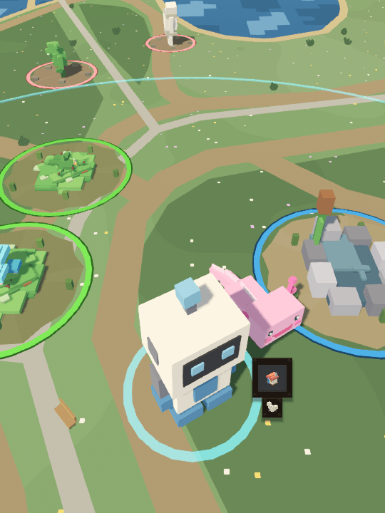 The map screen: the robot and its axolotl beside crystal and steel nodes in a park.
