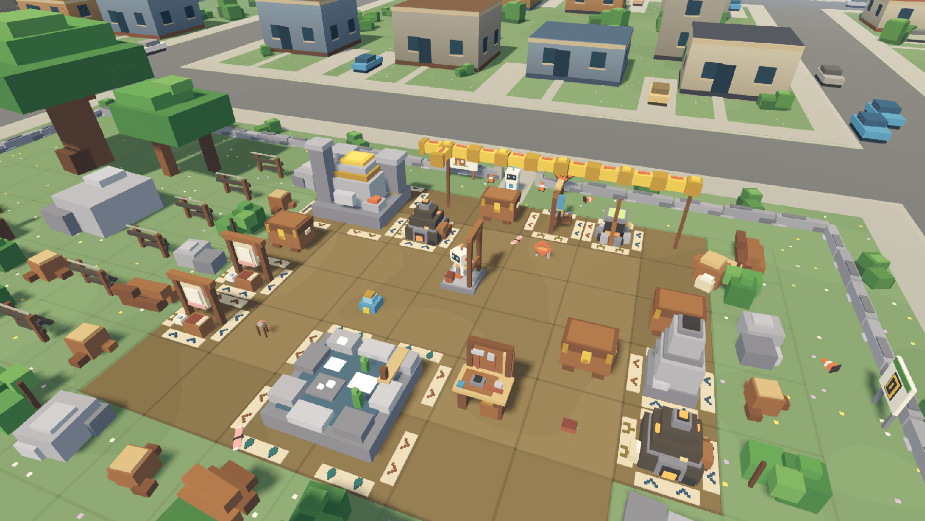 A home-base factory in a backyard: kilns, a glassworks, tanneries, a loom and storage hatches, linked by an overhead duct on posts, with the robot friend in its cradle.